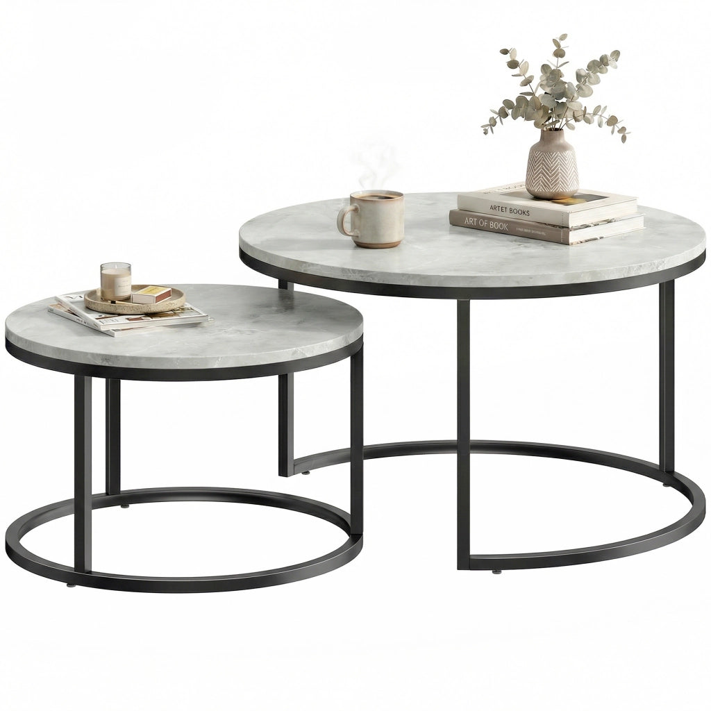 Set 2 Tavolini da Caff¨¨ Rotondi ¨C Xylo ¨C Effetto Marmo Grigio Legno Metallo
