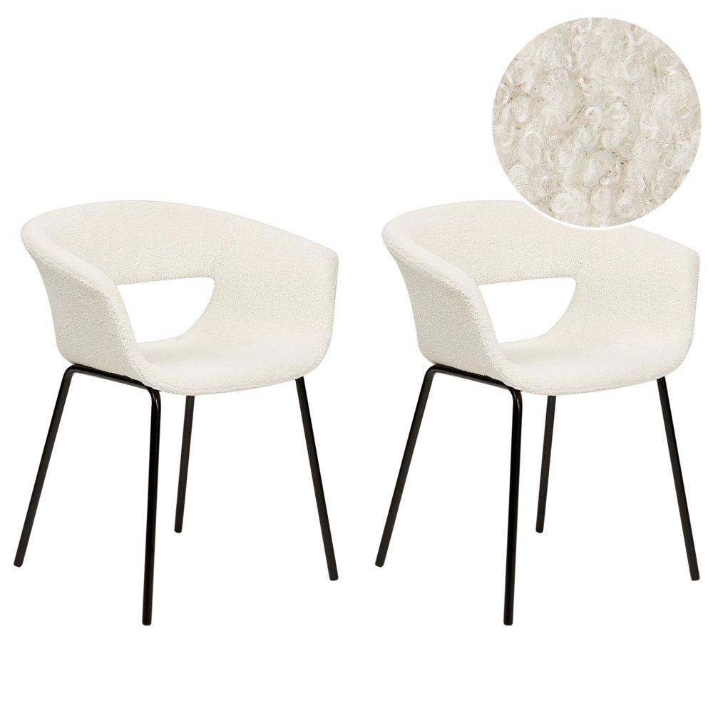 Set di 2 sedie tessuto bouclè bianco sporco senza braccioli con gambe in metallo per la sala da pranzo Cucina