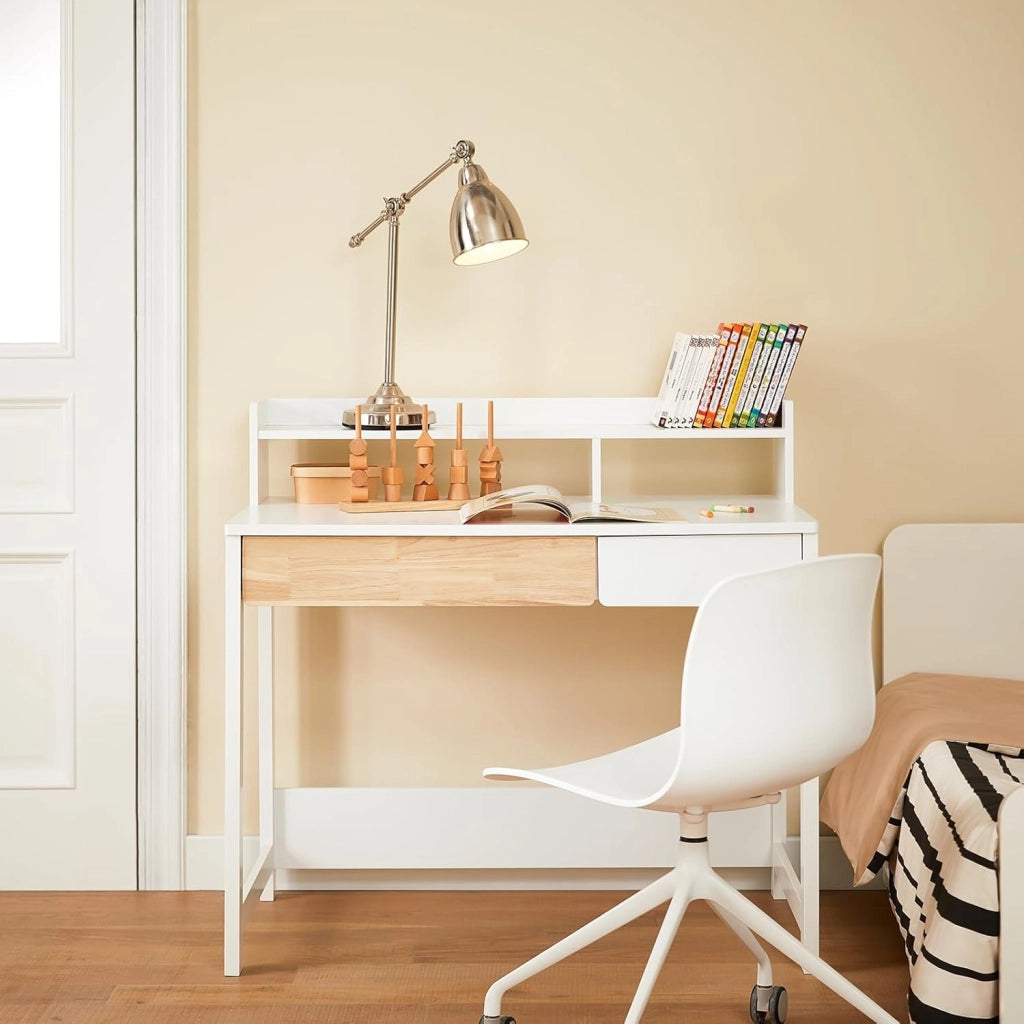 Scrivania Salvaspazio con 2 Cassetti Scrivania Ufficio Compatta Tavolo da Lavoro per Studio Cameretta e Camera da Letto Bianco 100x59x95cm FWT106-W