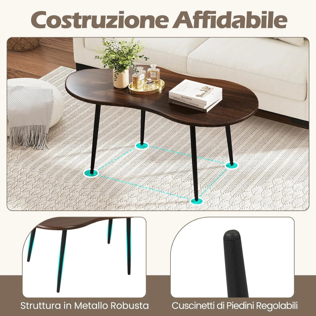 Tavolino da Salotto, Tavolino da Caffè a Forma di Nuvola con Struttura in Metallo e Piedini Regolabili, Tavolo Basso Moderno Irregolare per Soggiorno, Ufficio e Studio (Marrone)