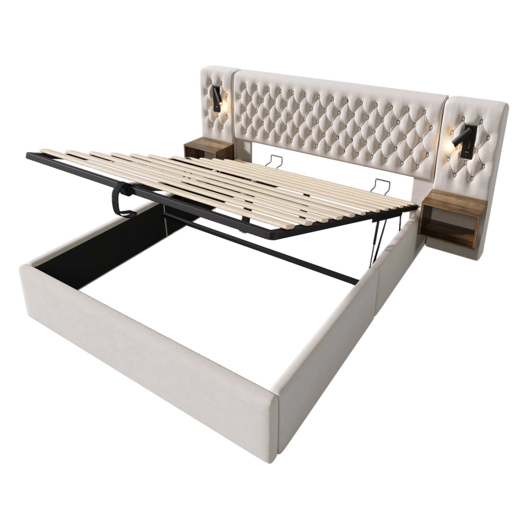 Letto contenitore ULEVR 180x200 cm con 2 comodini, luci LED, USB e Type-C, velluto beige