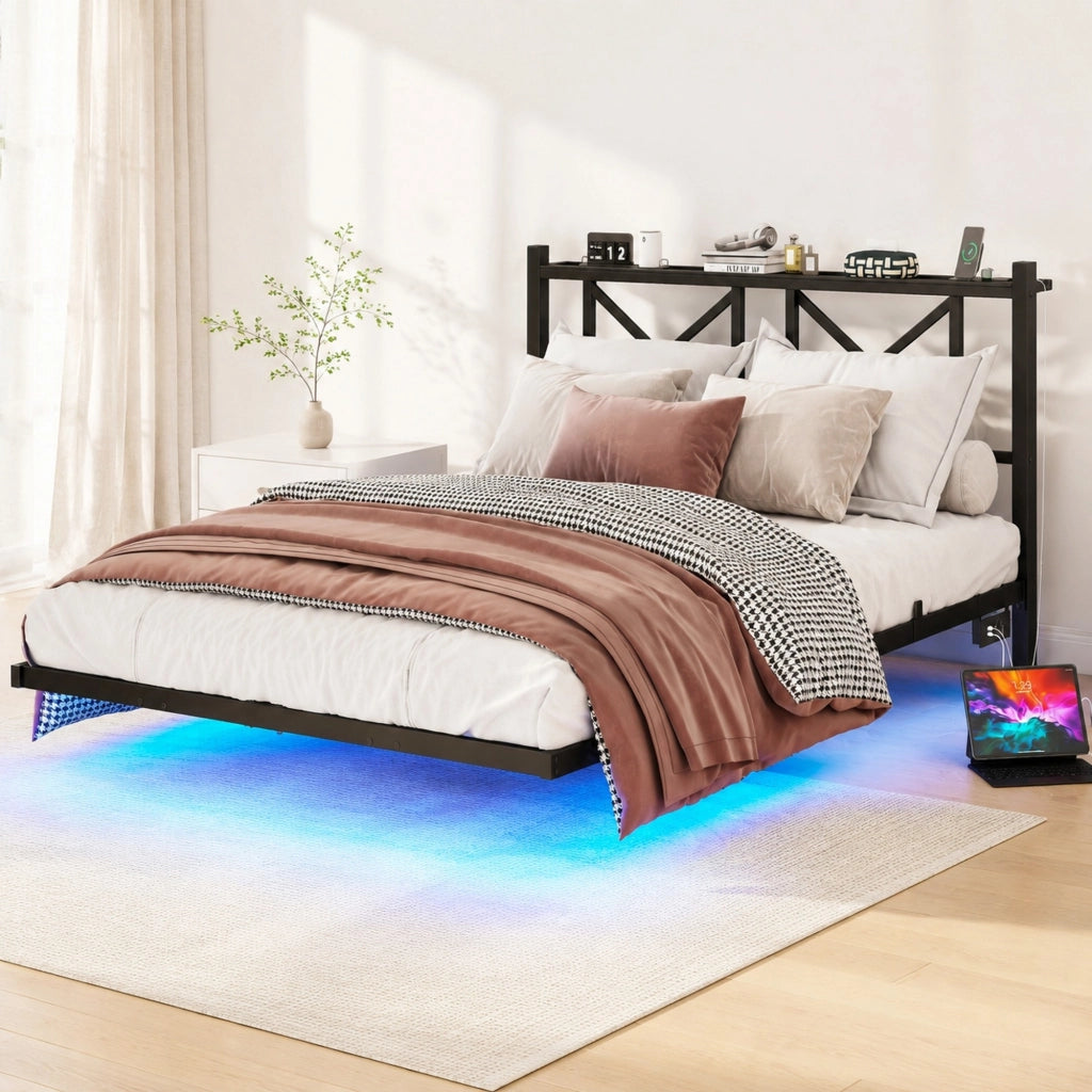 Letto matrimoniale 140x200 cm sospeso con LED e ricarica USB