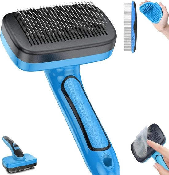 Set di cura 3 in 1 per gatti con pelo corto, lungo e misto - Spazzola liscia auto-pulente per animali piccoli, medi e grandi - Include spazzola per pulci e spazzola da bagno