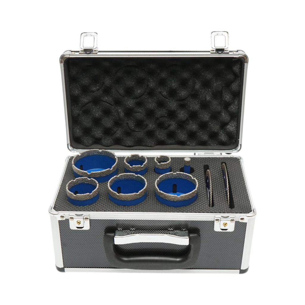 Set di 7 punte diamantate a corona da 10-68 mm, filettatura interna M14 + 2 dischi da 115 e 125 mm per piastrelle in ceramica, marmo e granito Breckner Germany