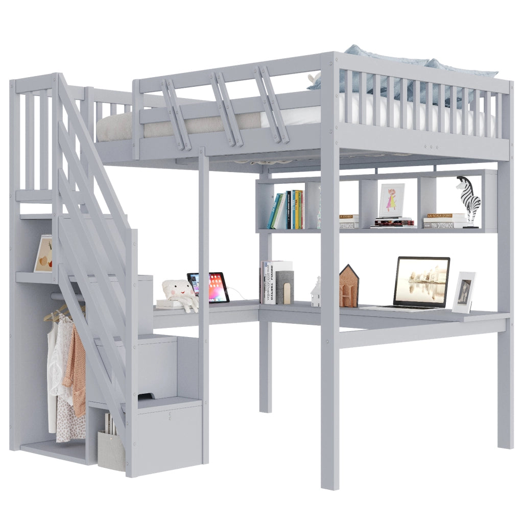 Letto a soppalco 140x200 cm con scala contenitore; scrivania; USB e LED; legno massello grigio