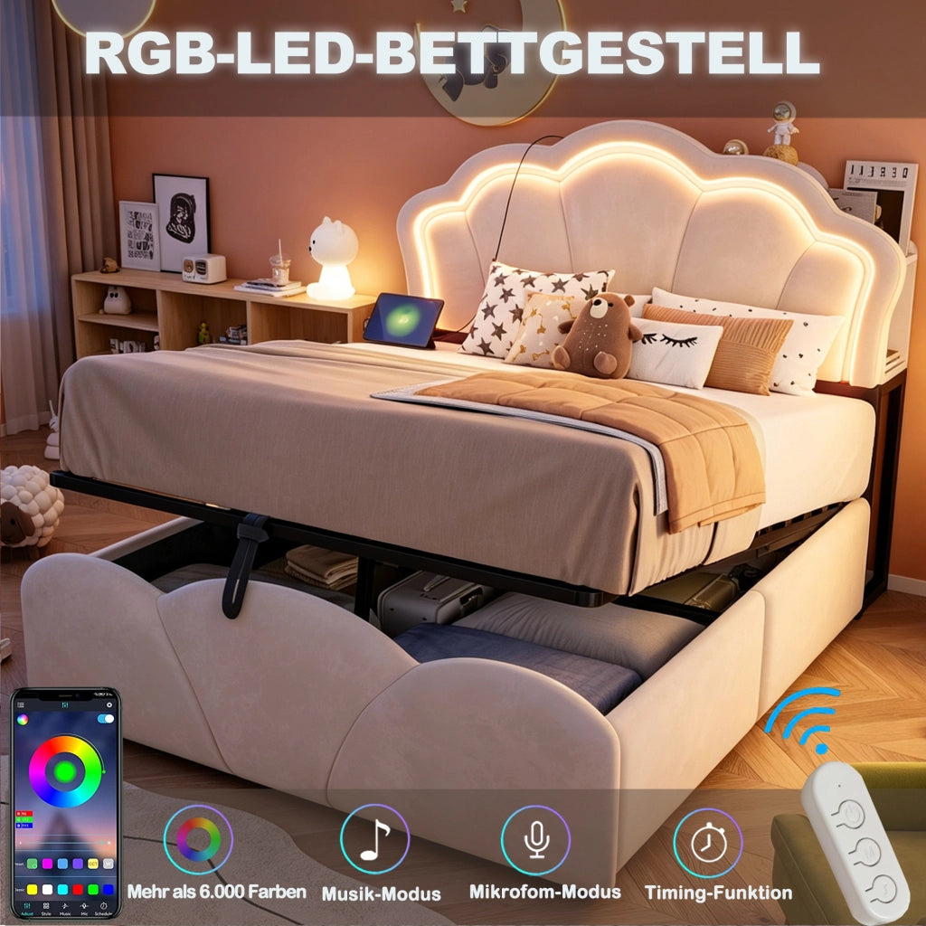 LETTO Contenitore 140x200 cm Beige in Velluto con LED e prese integrate