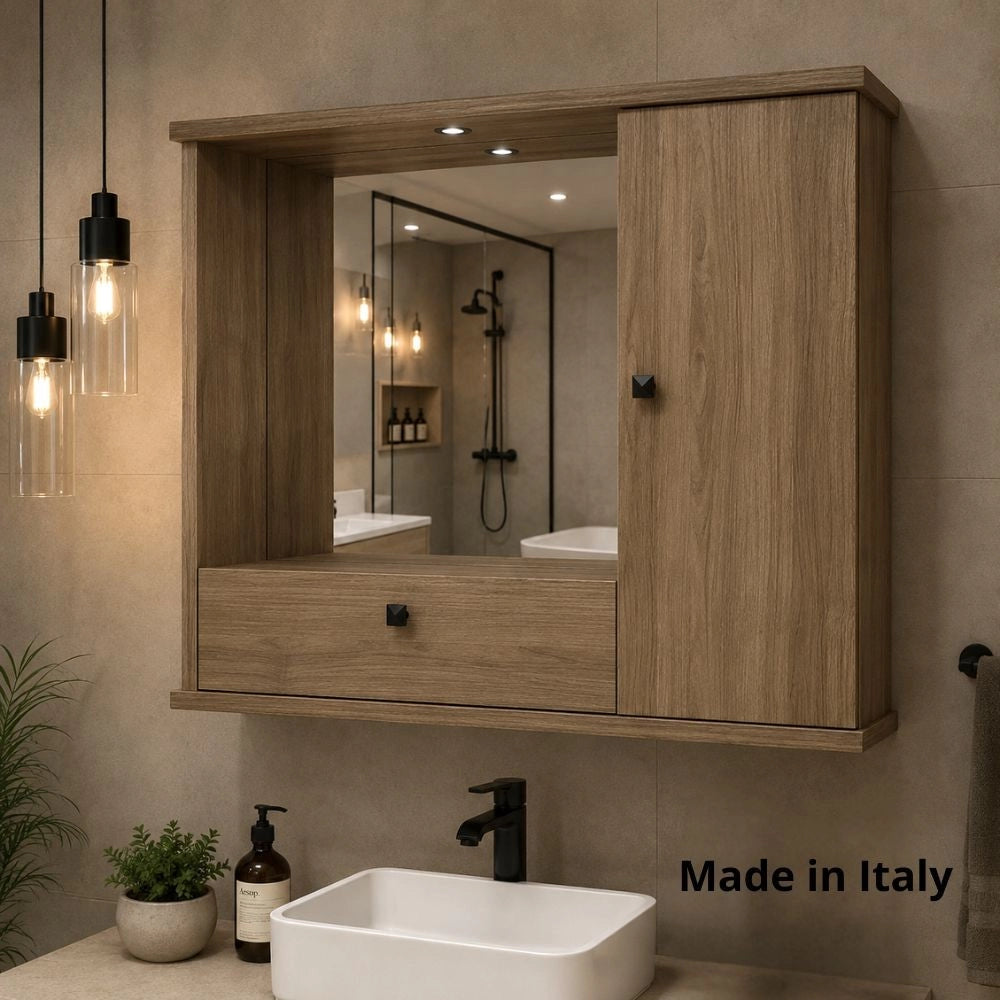 Mobile Bagno Pensile noce naturale con Specchio e Ante 73x14x61H