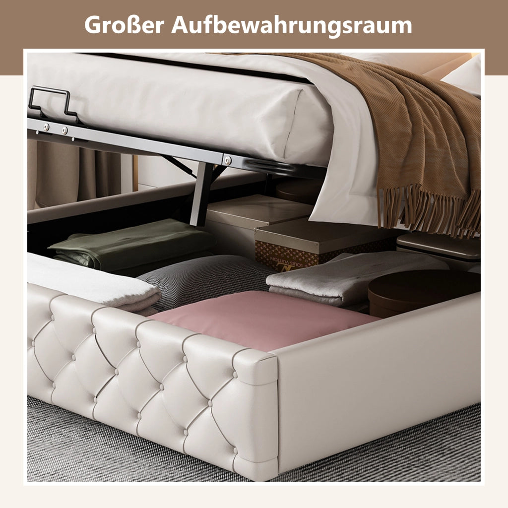 OKWISH Letto Contenitore 140×200 cm, Letto Matrimoniale con Contenitore, LED Regolabile e Telecomando, senza Materasso, in PU, Bianco
