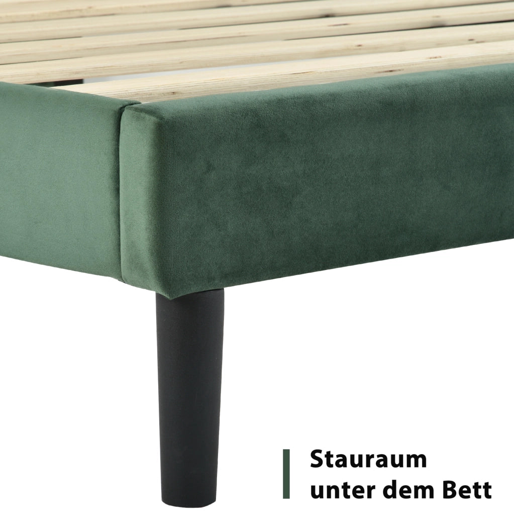 Letto imbottito 90x200 cm con rete a doghe e materasso H3; velluto verde scuro