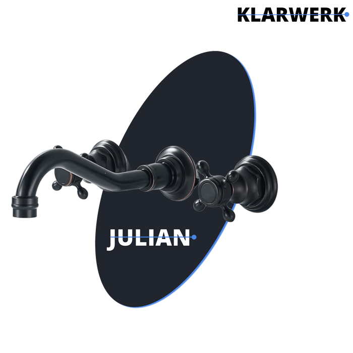 JULIAN | Rubinetto da bagno vintage a 3 fori a parete nero opaco | in acciaio inossidabile retrò da cucina | Antico miscelatore a parete a 2 maniglie