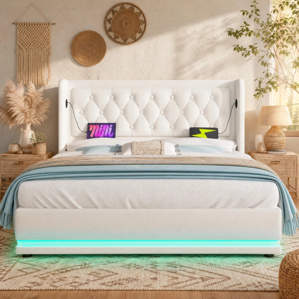 Letto matrimoniale contenitore 160x200 cm in PU bianco con LED; testiera imbottita e USB Tipo-C
