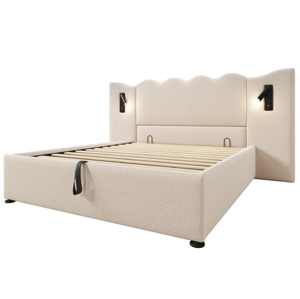 Letto matrimoniale 160x200 cm con materasso; lampada da lettura; USB e contenitore; beige in lino
