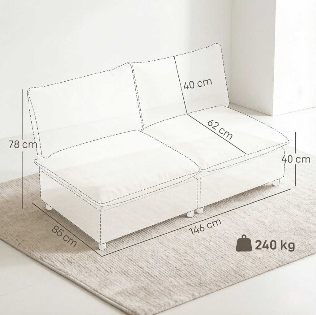 Divano 2 posti 146 x 85 x 78 cm in tela canvas crema, senza braccioli, per studio –