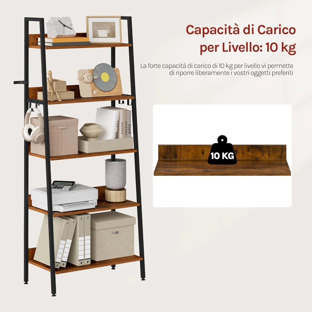 Libreria Metallica 5 Livelli, Scaffale Verticale Salvaspazio per Studio, Soggiorno e Cucina, 36x64x171 cm, Legno Vintage + Nero