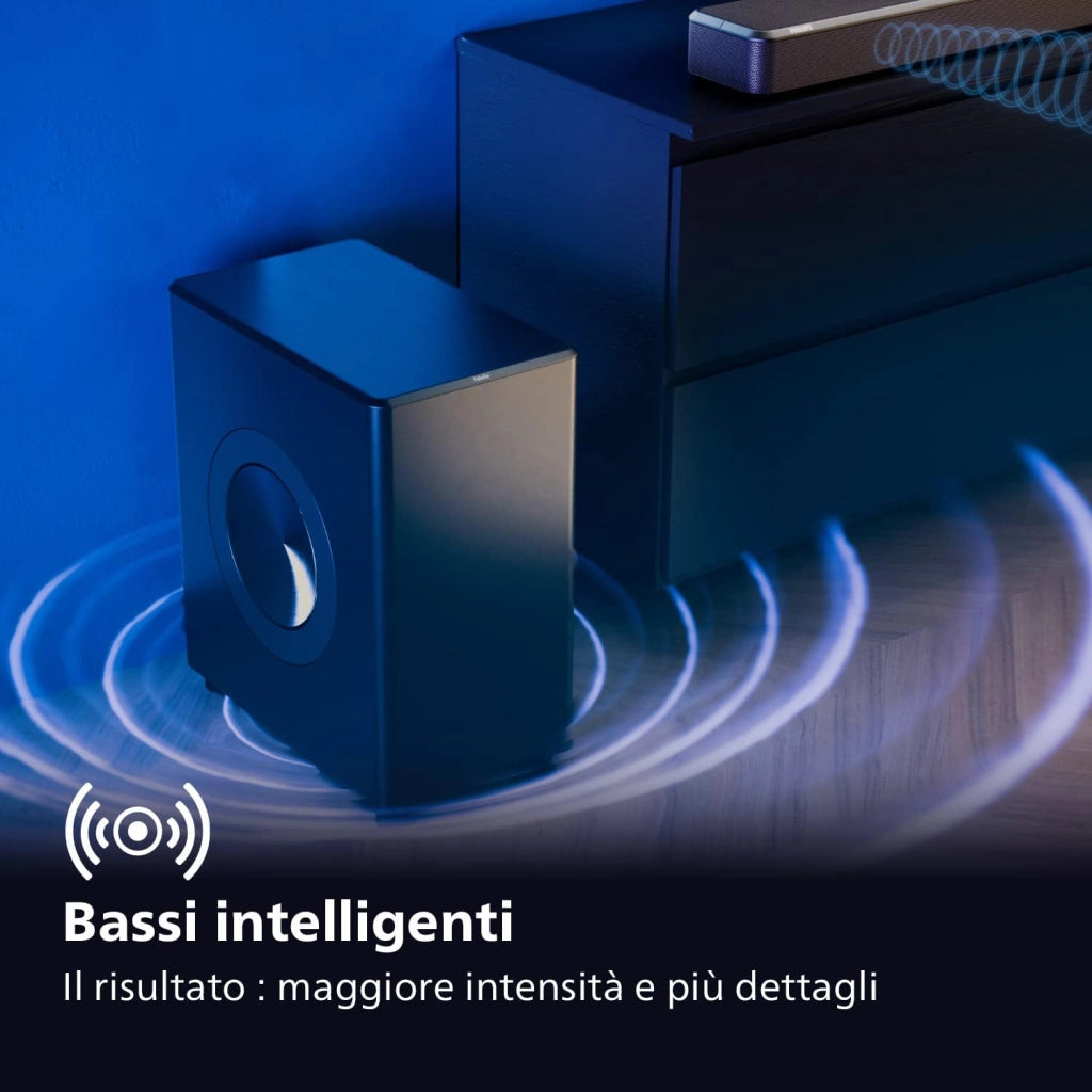 Philips FW1 | Subwoofer wireless | Suono cinematografico | Bassi ricchi e profondi | Design accattivante | Potenza di uscita 420 W | Nero