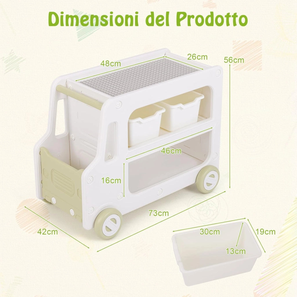 2 in 1 Organizzatore per Bambini, Armadietto Giocattoli a Forma di Auto con Struttura Sicura e 2 Cesti Portaoggetti, Scaffale Apribile a 2 Livelli, Pannello per Costruzioni