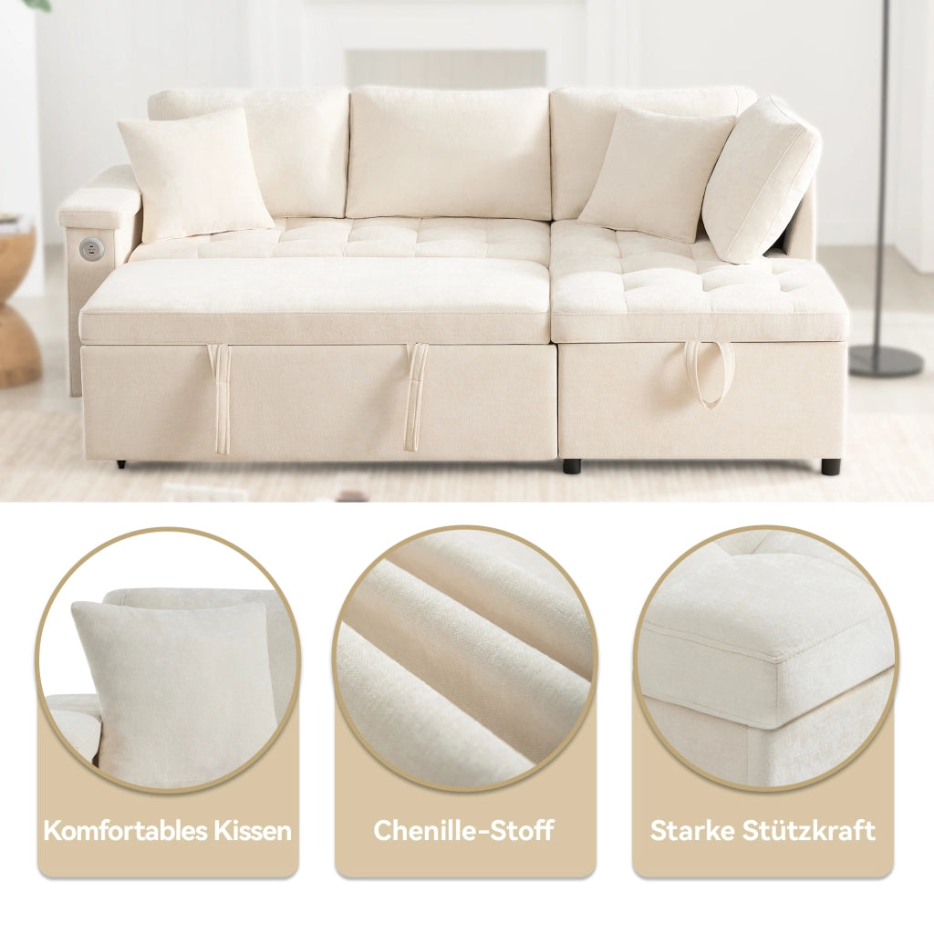 DIVANO LETTO angolare destro 209x130 cm in Chenille Beige con contenitore e USB