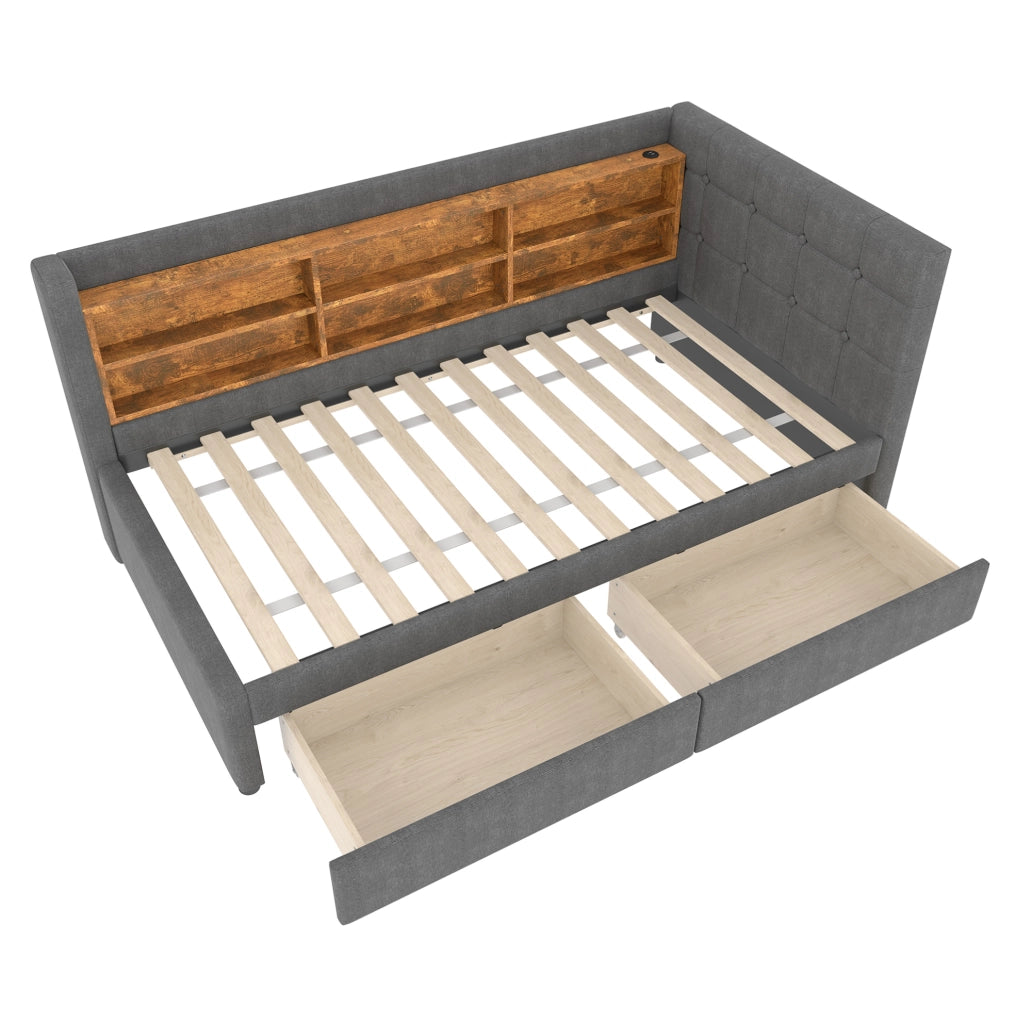 Letto da giorno ULEVR 90x200 cm con 2 cassetti, USB e Type-C, ripiani integrati, lino grigio