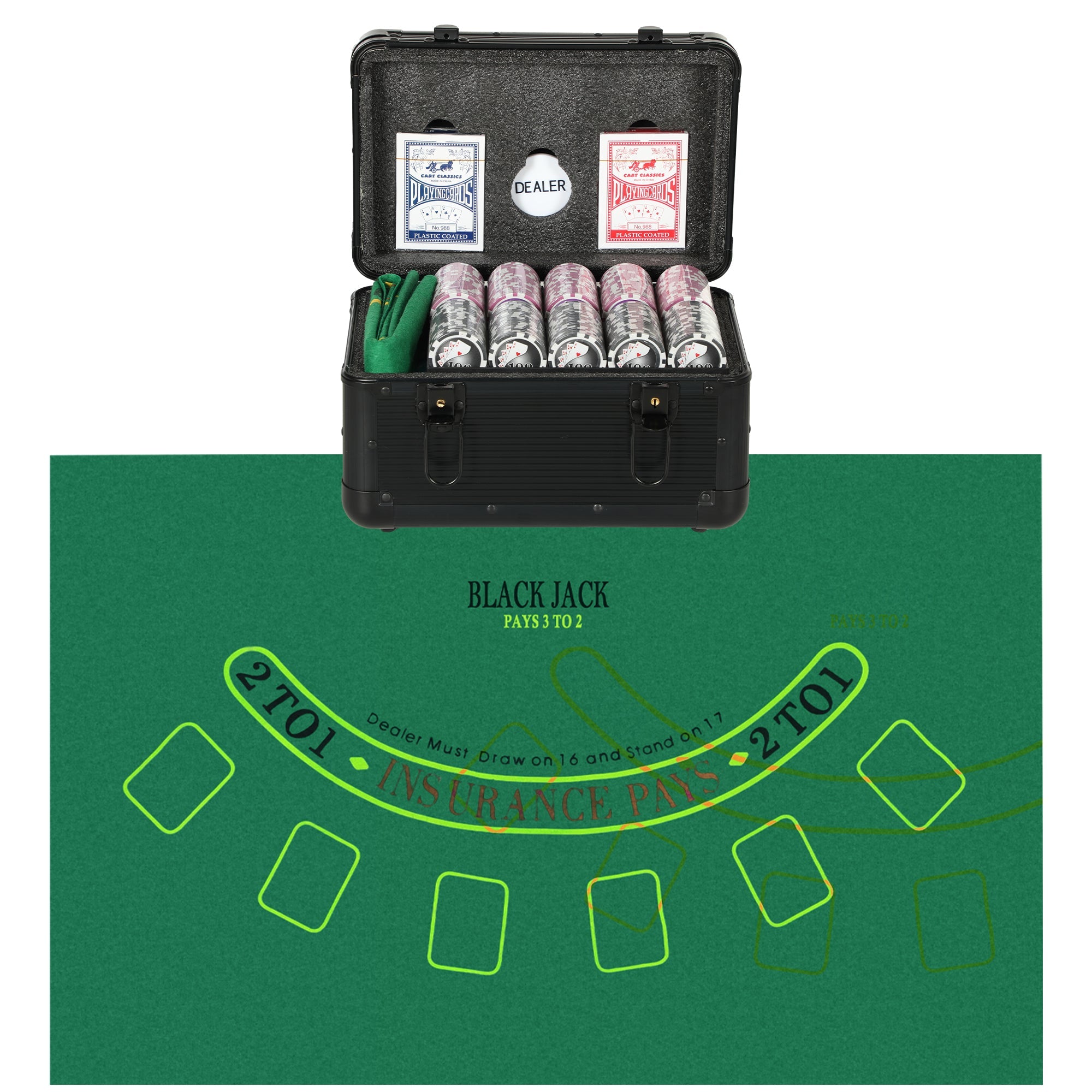 Set 600 Fiches da Poker 2 Mazzi di Carte Tappetino con Valigetta Nero