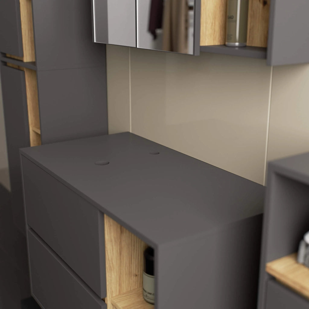 Mobile bagno senza lavabo VAMI sospeso Grigio Grafite, Rovere Artisan 90 cm 2 cassetti 90x45,5x60 cm