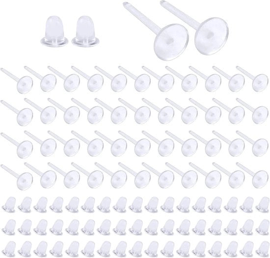 Impianto di Orecchini in Plastica Plus - Set di Stopper e Piastra per Orecchini - Translucido - 100 Paare