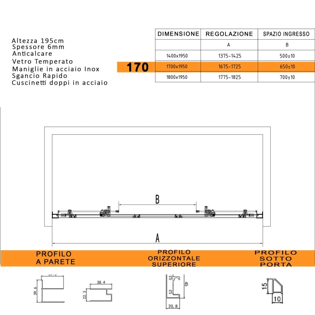 Porta doccia scorrevole ingresso centrale 6mm h195 anticalcare lagoa, misura 170