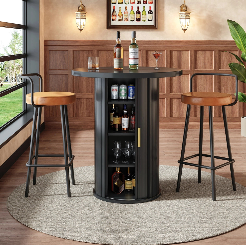 Tavolo bar rotondo con spazio contenitore 60x60x91;6 cm in MDF e metallo; nero