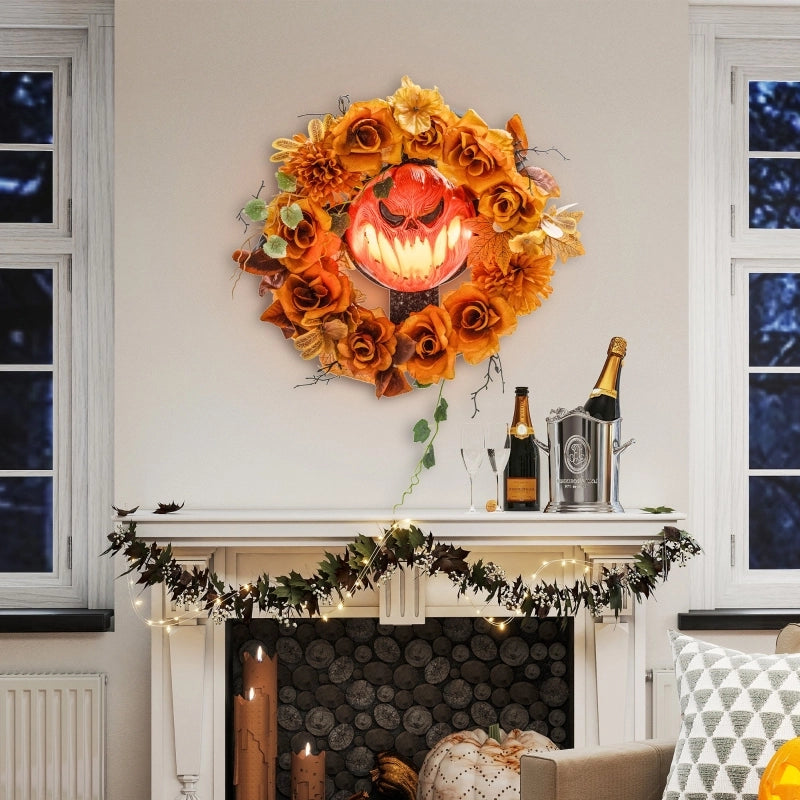 Ghirlanda di Halloween, design spettrale con zucche, foglie autunnali, effetti di luce, plastica