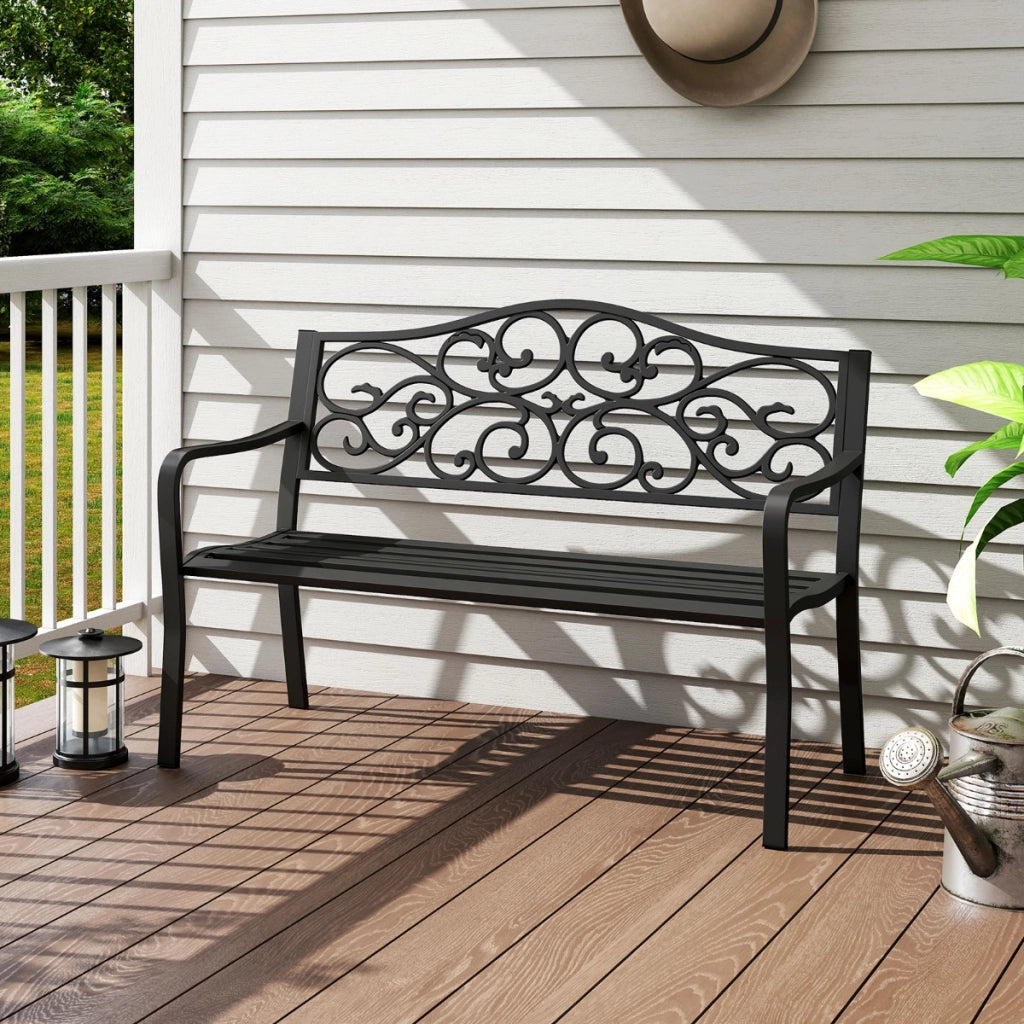 Panchina da giardino con schienale a design fiorito e seduta a listoni, Panchina da giardino da esterno da 128 cm Nero