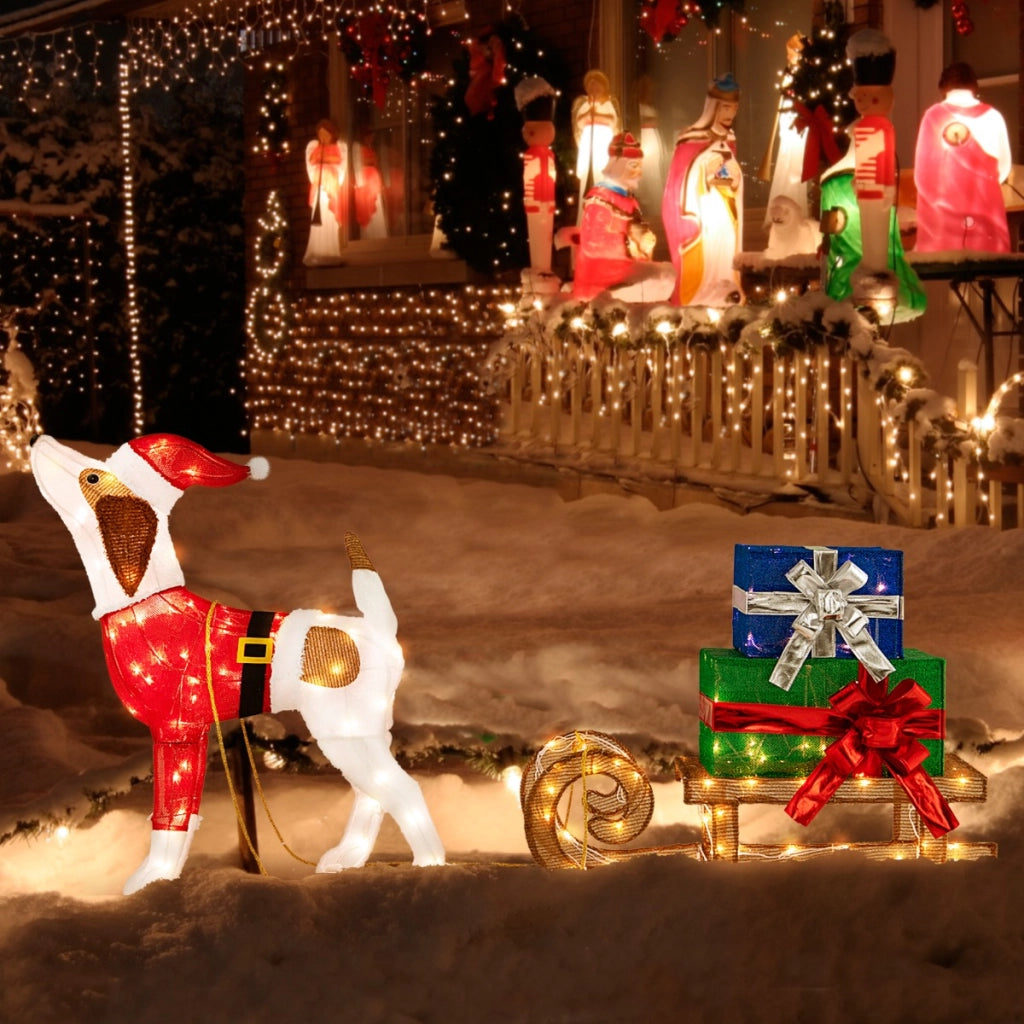 Decorazioni natalizie illuminate con cane slitta luci LED e scatole regalo, Decorazione festosa 78x21x82cm-Decorazioni natalizie