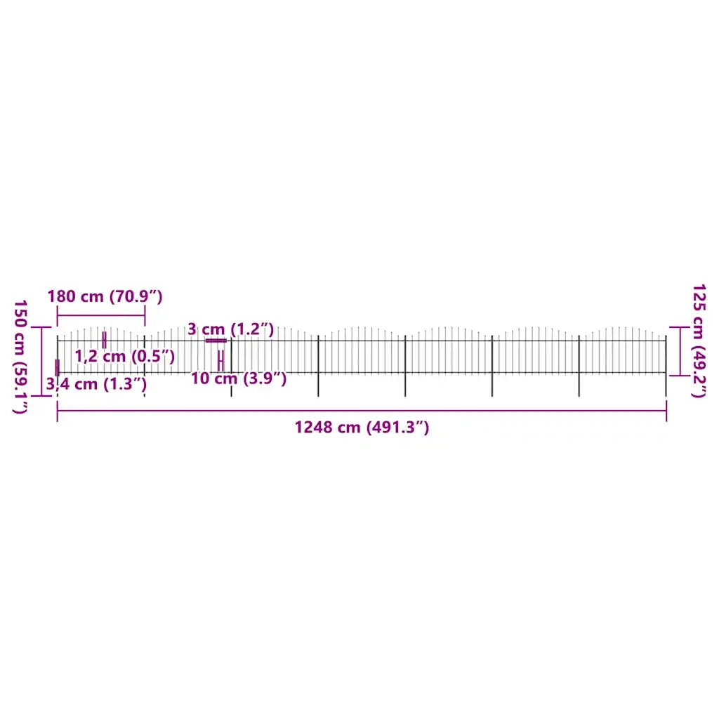Recinzione da Giardino con Punta a Lancia in Acciaio 1248x150 cm Nero 277736