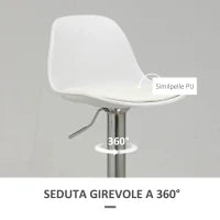 Set 2 Sgabelli da Cucina di Design Girevoli con Schienale, Poggiapiedi e Altezza Regolabile, in Similpelle e PP, Base in Acciaio, 38x42x82-104cm, Bianco