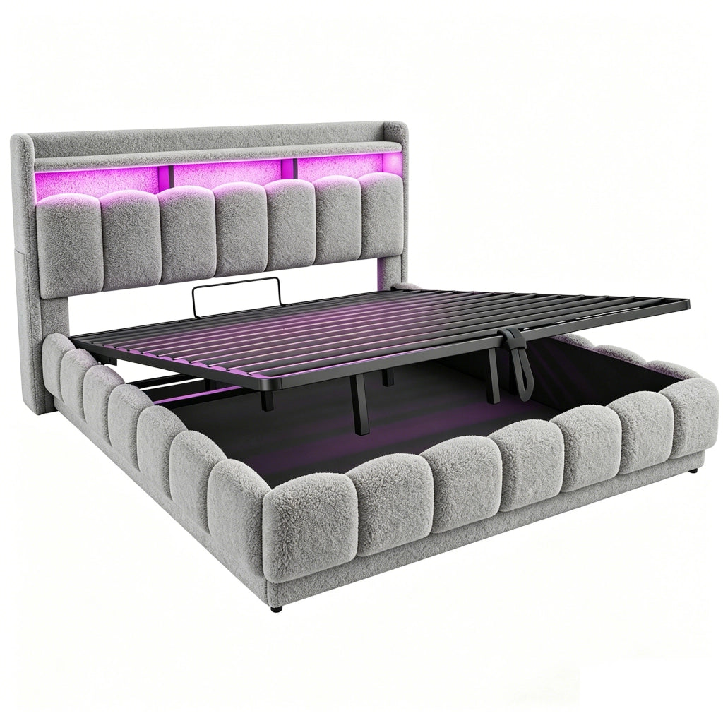 DESMIU Letto contenitore 180 × 200 cm 2 posti con LED, USB, presa, vano idraulico, senza materasso, bouclé, grigio
