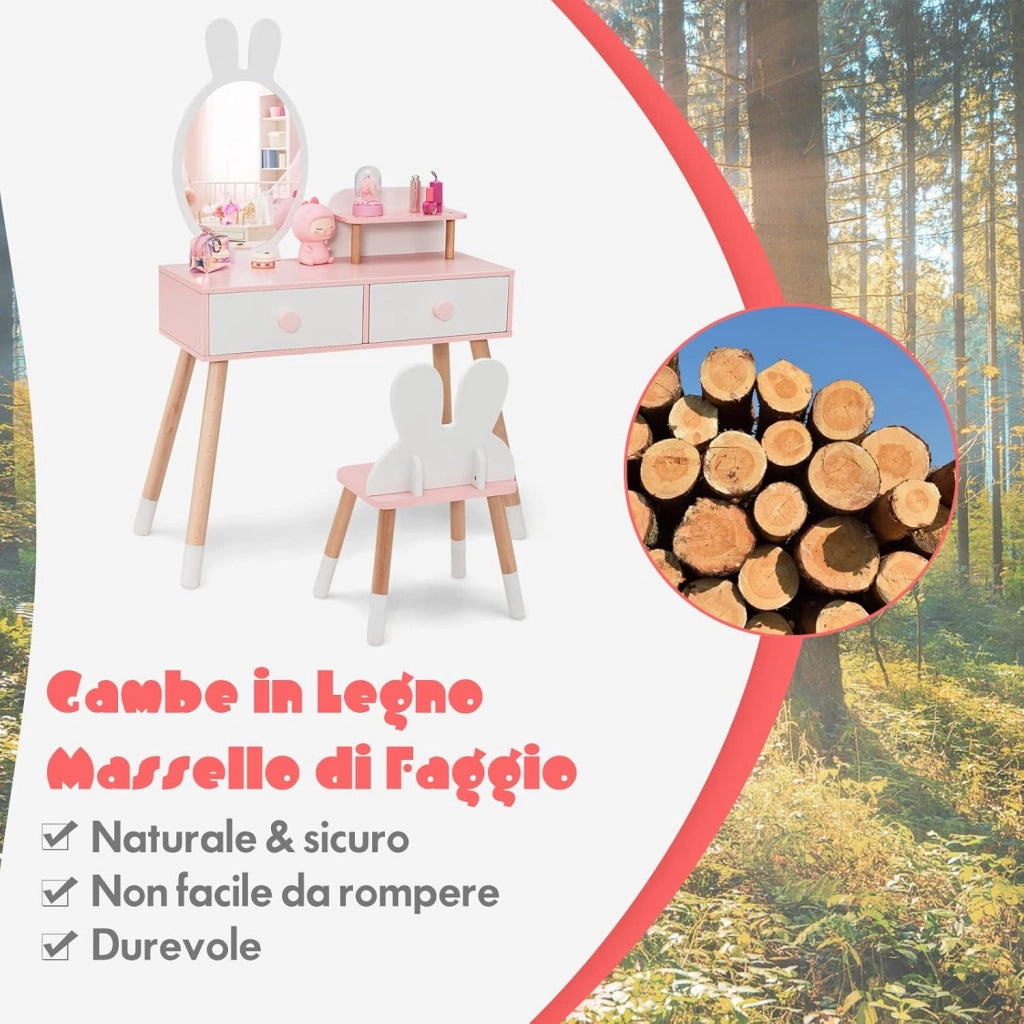 Toeletta Trucco 2 in 1 per Bambina, Specchiera a Forma di Coniglio Staccabile per Ragazza in Legno con Sgabello, Ripiano e 2 Cassetti, Postazione Trucco, 78 x 37 x 110cm (Bianco)