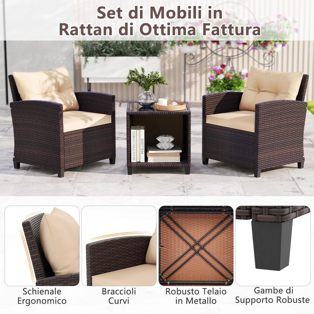 Set Salotto da Giardino da 3 Pezzi, con 2 Sedie e Tavolo da Caffè in Vetro, Divanetto in Rattan con Cuscini per Seduta e Schienale, Set da Conversazione per Cortile e Patio