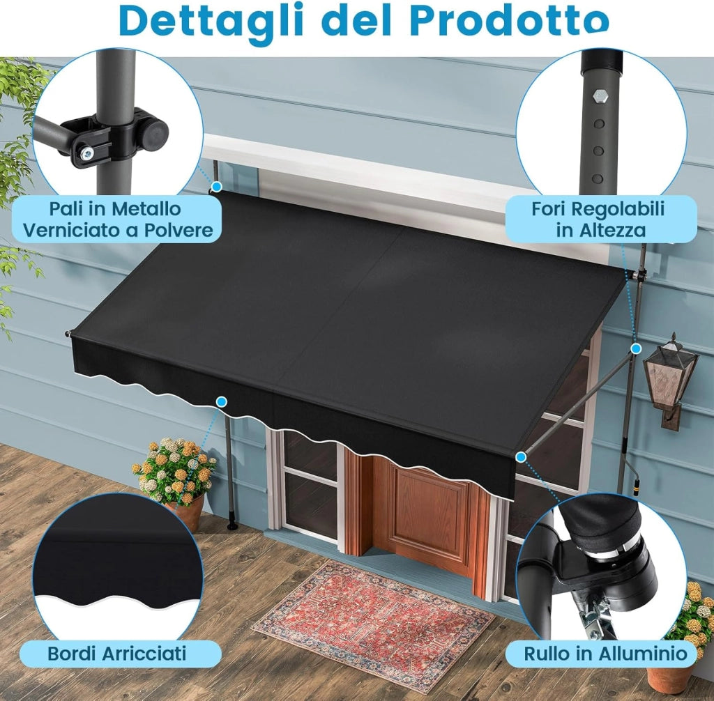 Tenda da Sole a Morsetto, Tenda per Balcone Senza Foratura Altezza e Inclinazione Regolabili con Manovella, Telo Impermeabile e Resistente ai Raggi Solari e Telaio Antiruggine (2,5M,Nero)