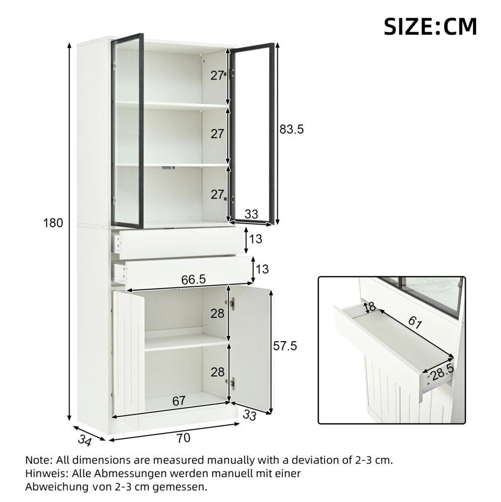 Vetrina alta ULEVR 70x34x180 cm con 4 ante, 2 cassetti, LED Bluetooth e ripiano regolabile, bianca
