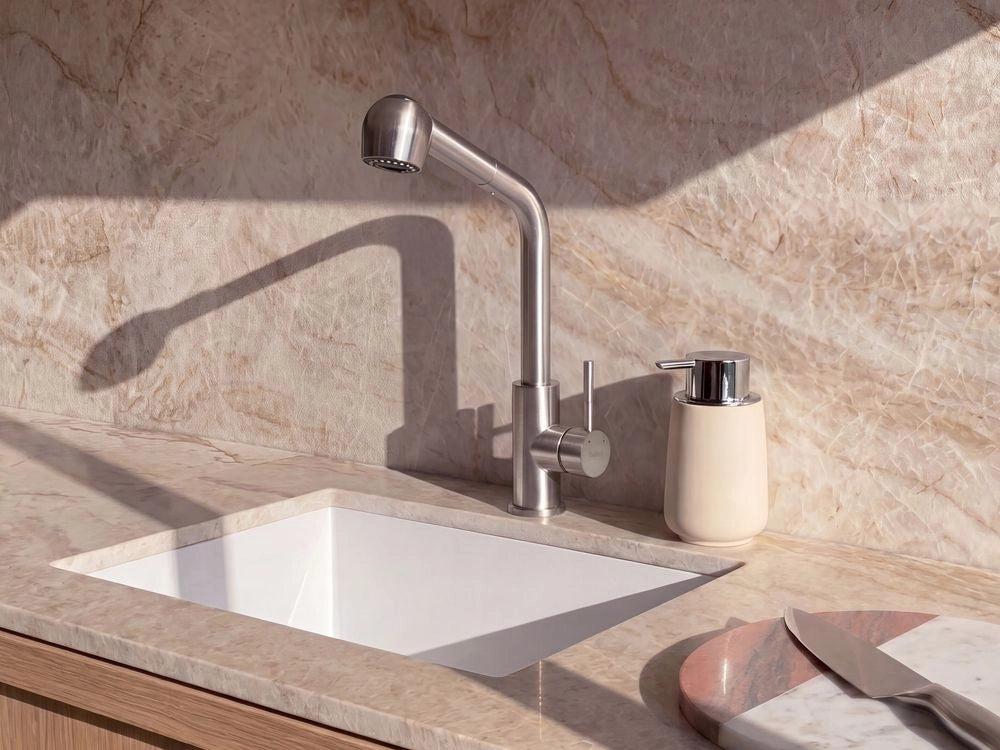 Rubinetto da cucina estraibile in acciaio inossidabile con soffione a molla argento design moderno