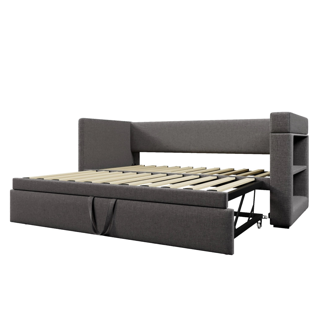 Divano letto 90x190 cm con letto estraibile e stazione di ricarica in cotone e lino grigio