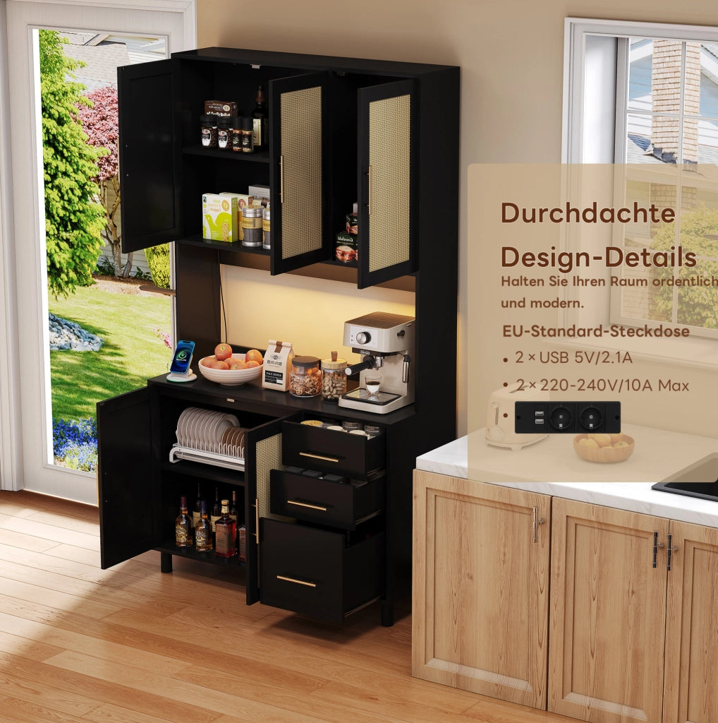Buffet da cucina 183 cm con LED multicolore; prese USB e 2 prese; nero in MDF