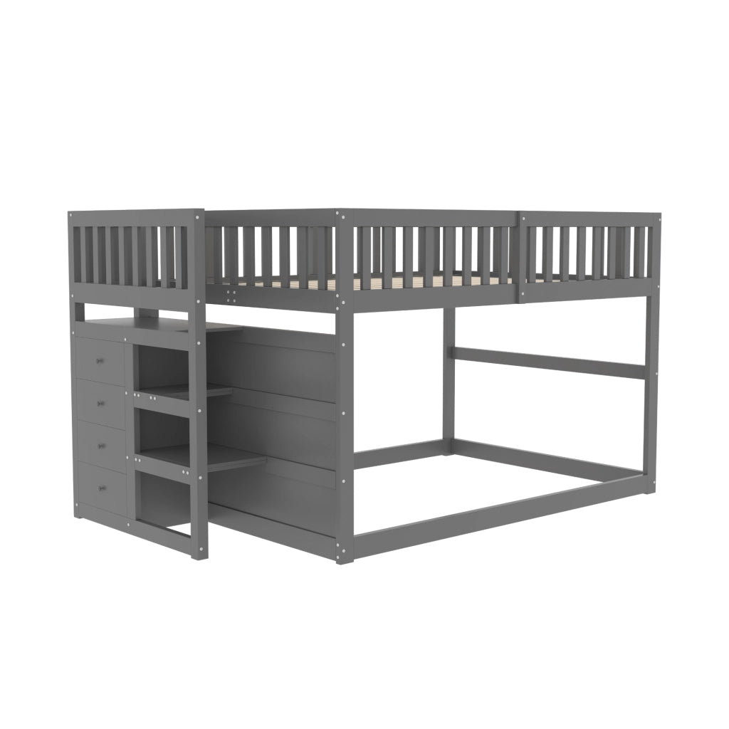 OKWISH Letto a Castello Basso 140×200 cm, Letto Matrimoniale con 4 Cassetti, Scala e Sponda Alta, senza Materasso, in Legno, Grigio