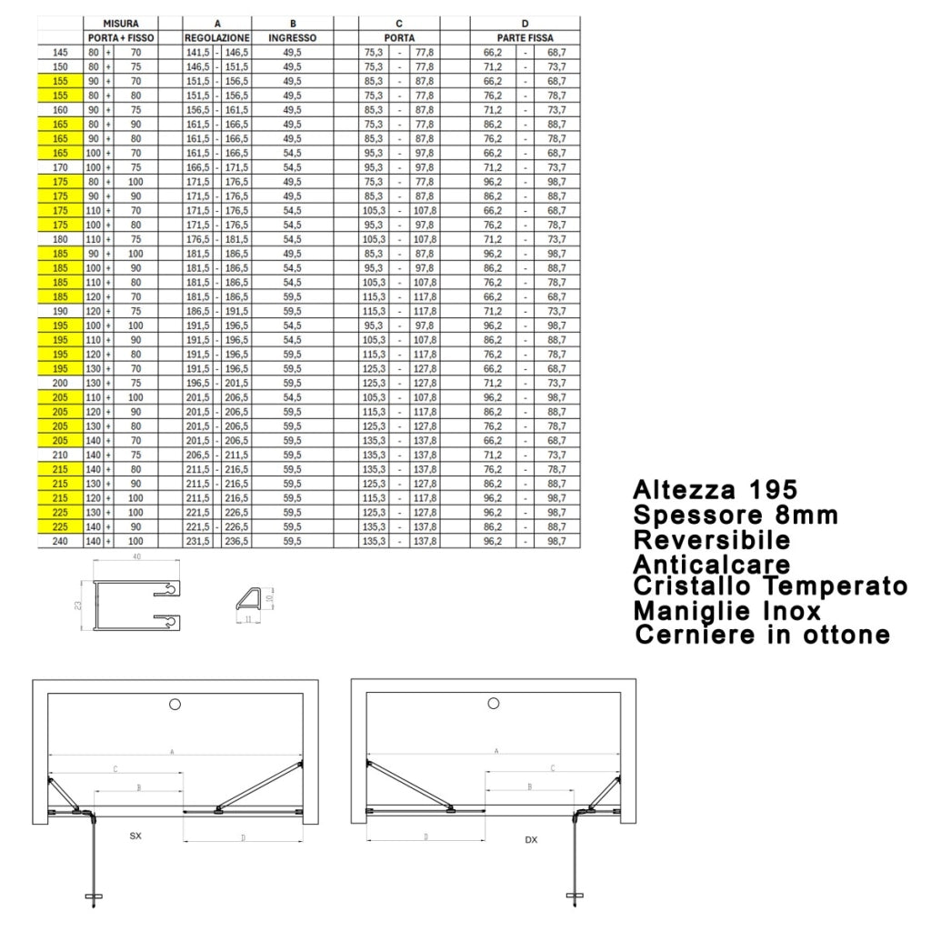 Porta doccia anta battente cristallo 8mm h195 cm regina, misura 170