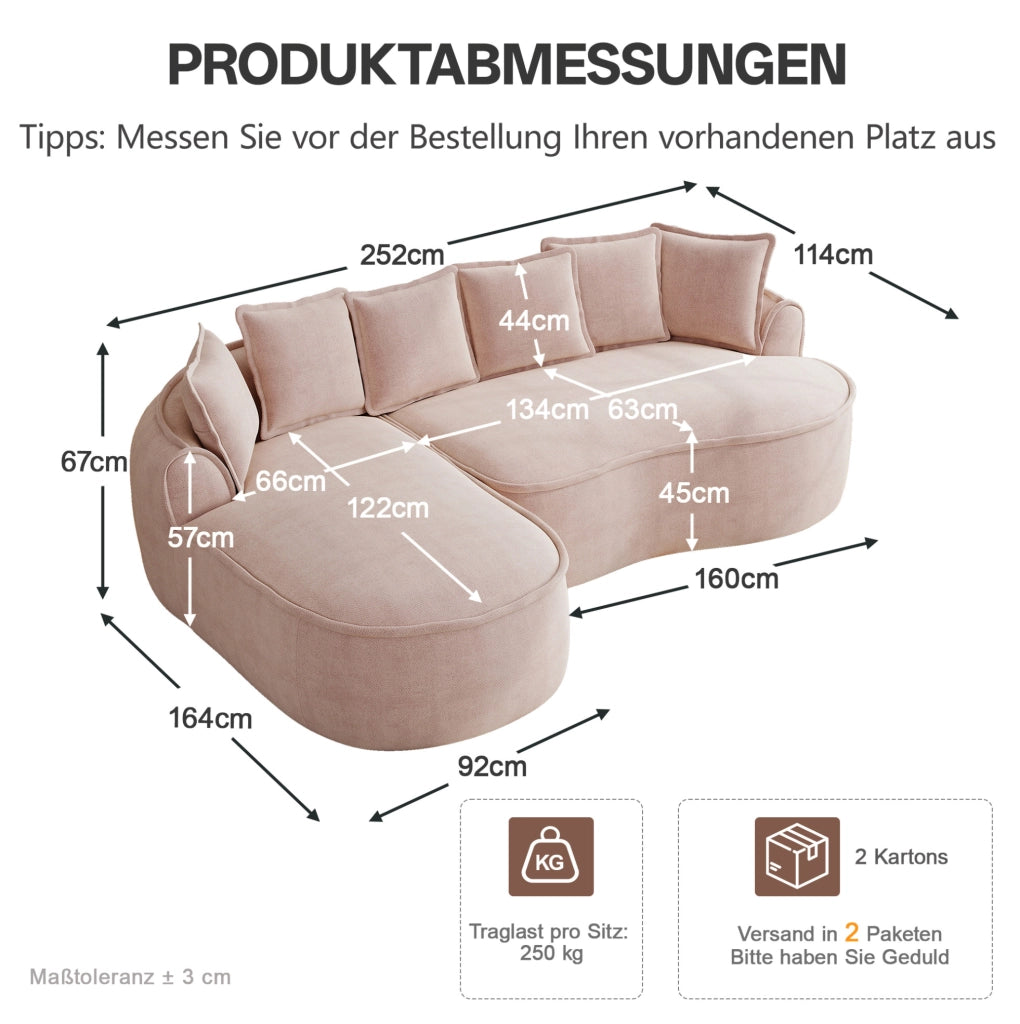 Divano modulare senza struttura in chenille rosa con chaise longue; 252x164x67 cm