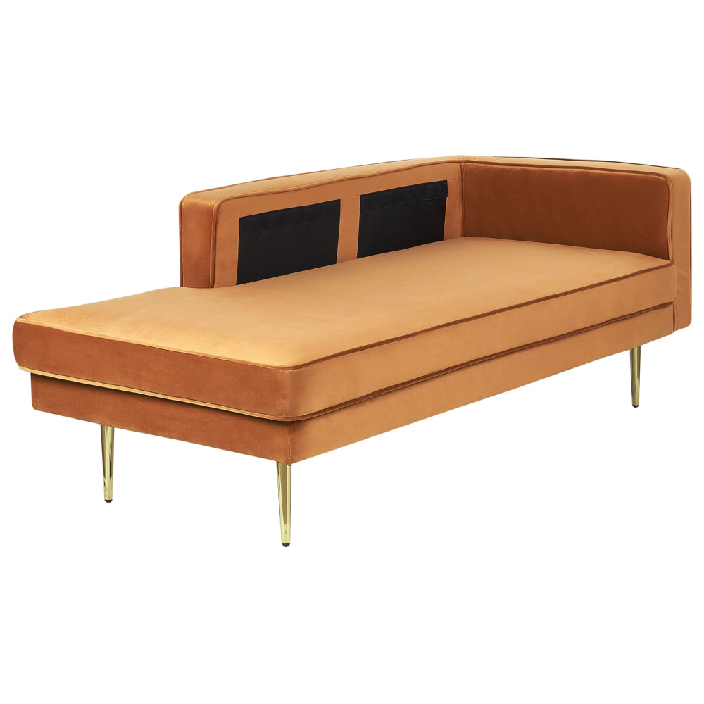 Chaise longue Velluto Rosso Scuro Imbottito versione destra Orientamento Gambe In Metallo Rafforzamento Cuscino Design Moderno