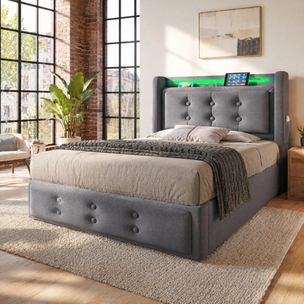 DESMIU Letto contenitore letto singolo 90 × 200 cm con LED, USB, Tipo C e presa, senza materasso grigio