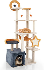Albero per Gatti da Interno da 160 cm, Albero Tiragraffi con Pali e Tavole da Graffio in Sisal, Condominio, Trespolo in Peluche, Piattaforme, Giocattoli Appesi e Palla a Molla