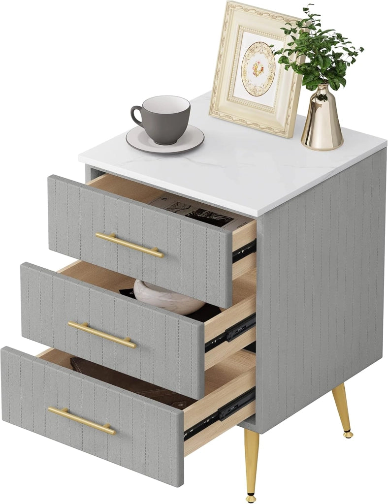 Set di 2 Comodino Camera da Letto in Velluto con Tre Cassetti, Cassettiera in Legno, Organizzatore da Letto, Gambe in Metallo, Bianco e Grigio, TS135gr-2