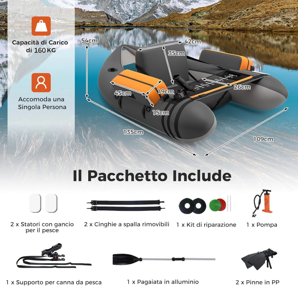Belly Boat da Pesca Portatile, Gommone Gonfiabile da Pesca con Porta Canne Regolabile, Pompa, Pagaia in Alluminio, Spallacci e Kit di Riparazione, Barca da Mare con 2 Pinne, capacità 160kg