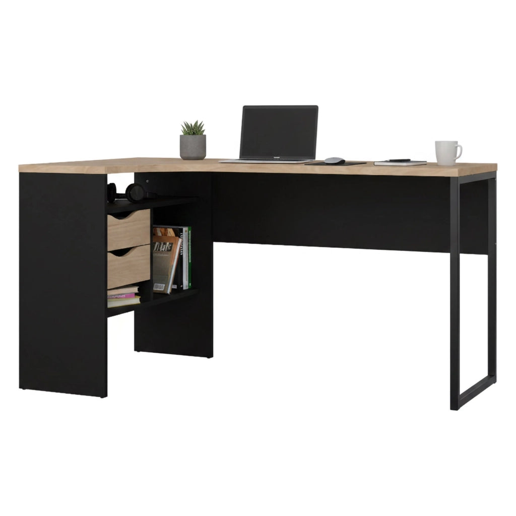 Scrivania Moire, Scrittoio multiuso, Tavolo per ufficio porta PC, Piano di lavoro, 145x81 h77 cm, Nero e Rovere