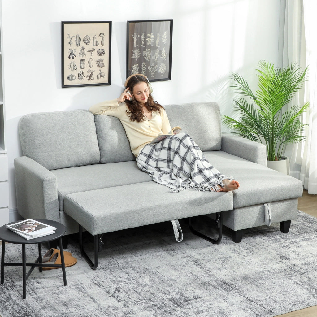 Divano Letto 3 Posti 197x129x85 cm con Chaise e Spazio Contenitore in Tessuto Effetto Lino Grigio e Nero